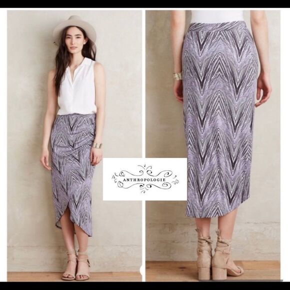 ANTHROPOLOGIE Maeve purple ruched stretchy midi skirt size small - Picture 1 of 14